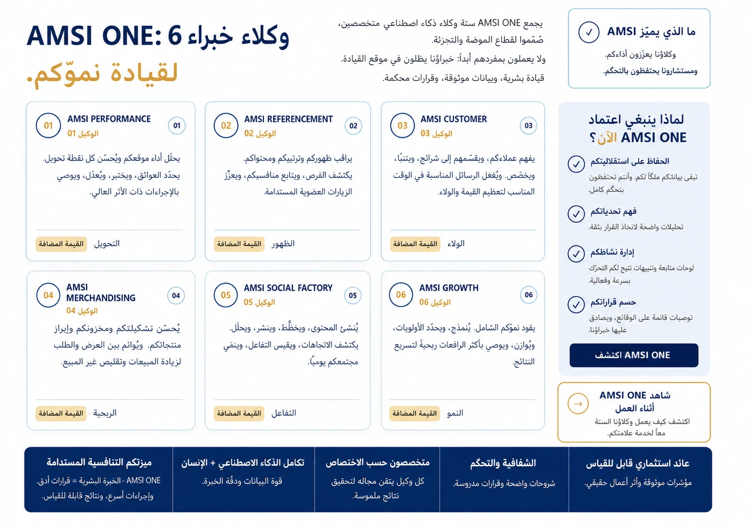 AMSI ONE – ستة وكلاء خبراء لقيادة نموكم