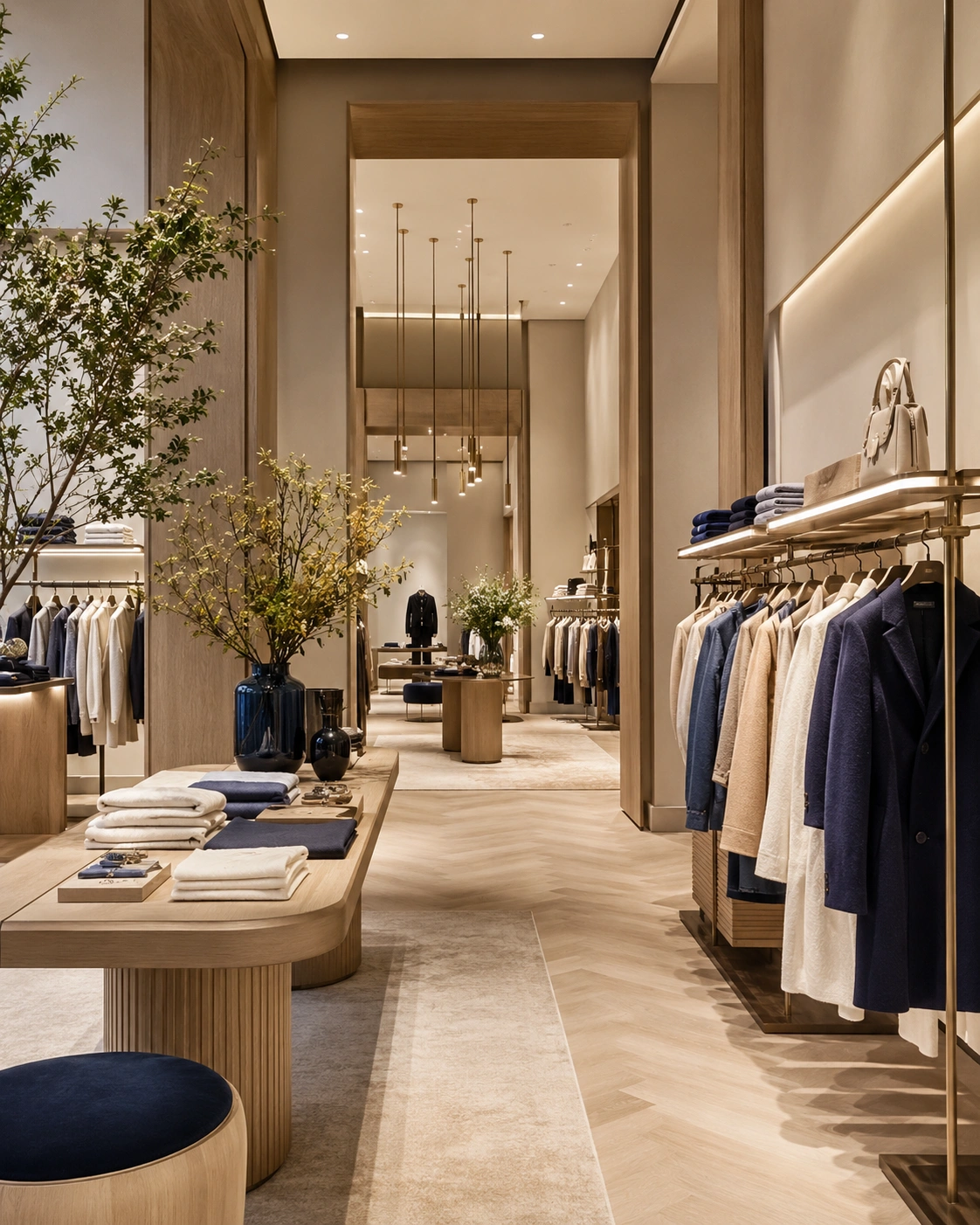 Portant de vêtements élégants dans une boutique de mode haut de gamme, illustrant l’expertise retail et mode d’AMSI CONSEILS.