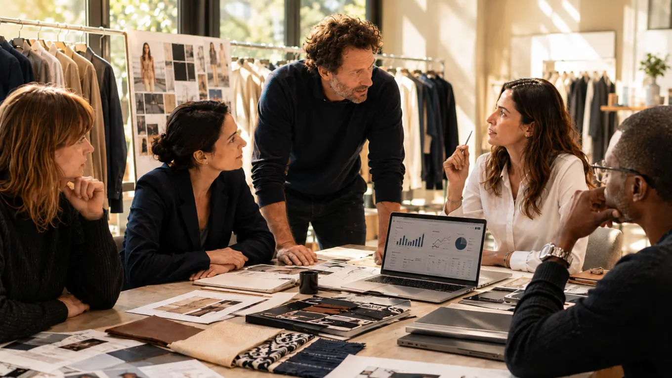 « Équipe de marque de mode en réunion stratégique dans un showroom autour d’une collection et de sa performance digitale. »